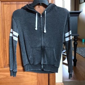 Distressed hooded zip up jacket